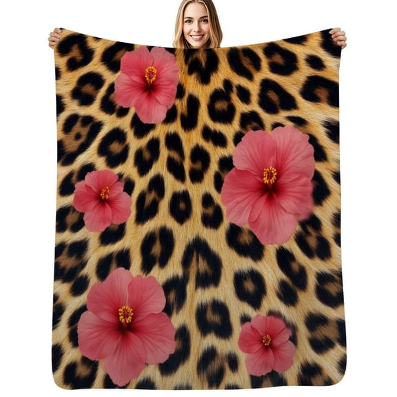 Hibiscus flowers leopard print background Flannel Blanket Warm Soft Bedding Throws Winter Camping Chair Sofa Bed