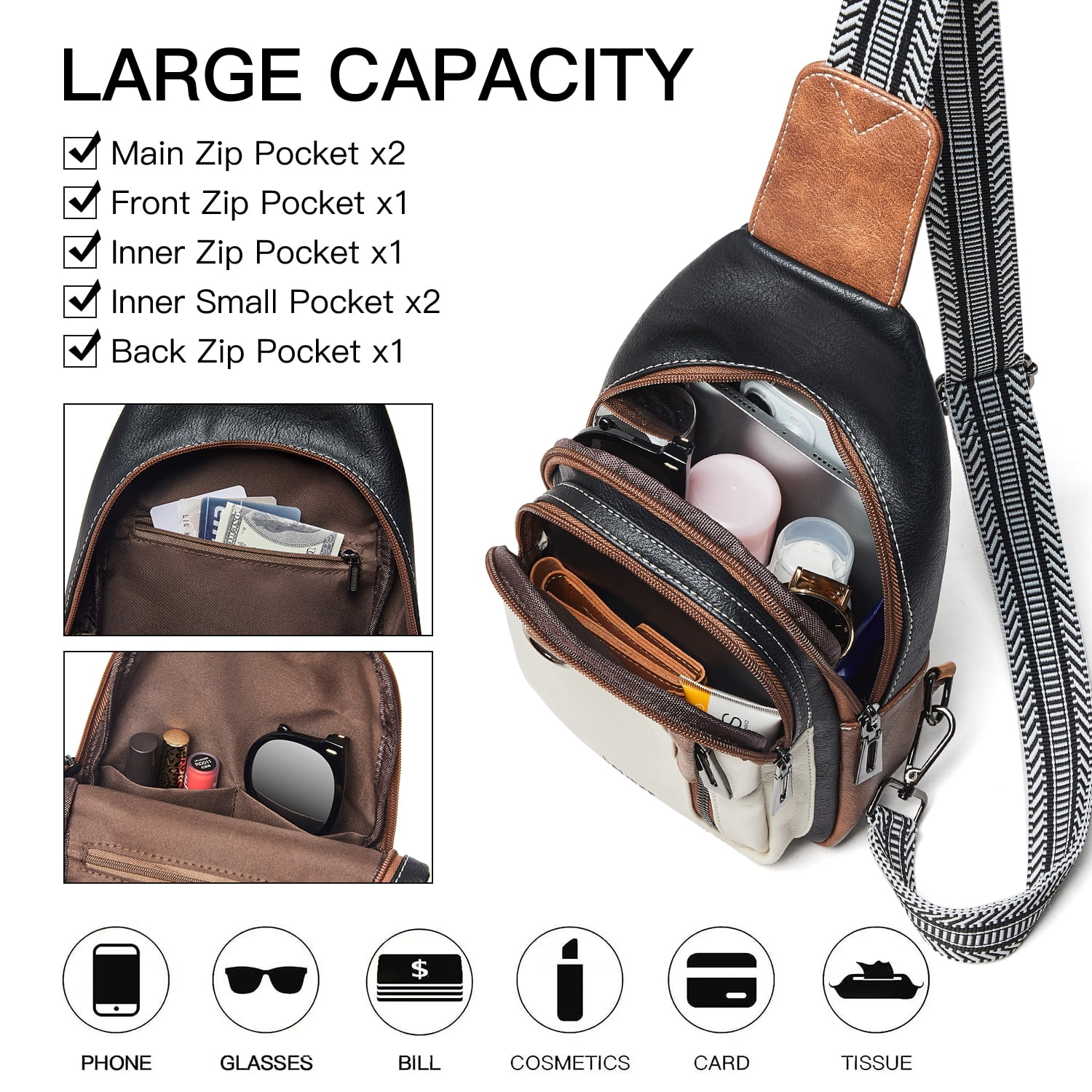 7L Sling Bag for Women & Men, Leather Anti-Theft Crossbody Backpack, Small Daypack Fanny Pack for Travel, Hiking, and Work