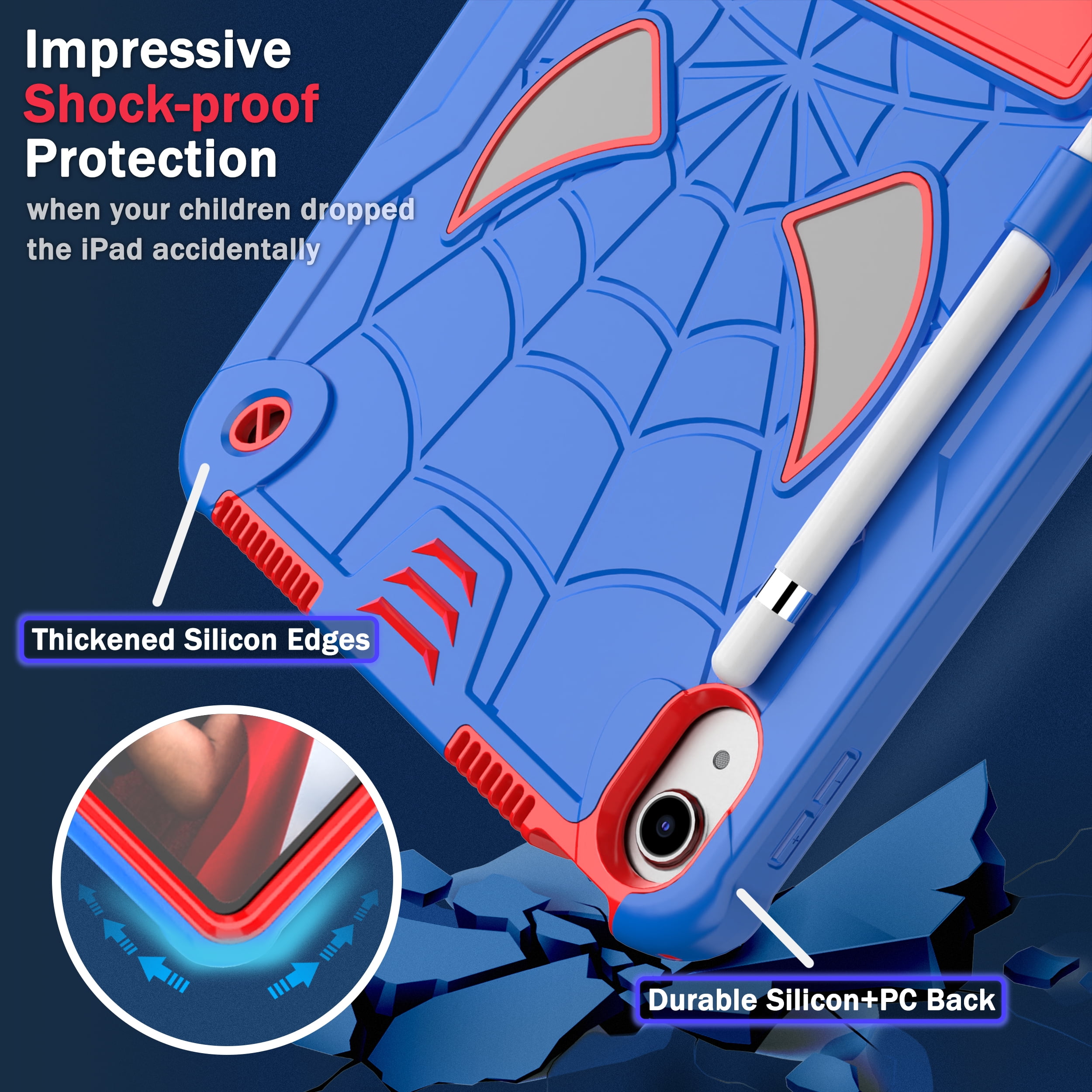 Rugged Shockproof Protective Case for Apple iPad A16 11th Gen 11" 2025 & iPad 10th Gen 10.9" - Heavy Duty 3-Layer Armor, Built-in Kickstand, Shoulder Strap, Pencil Holder, Shock Absorption,Blue+Red