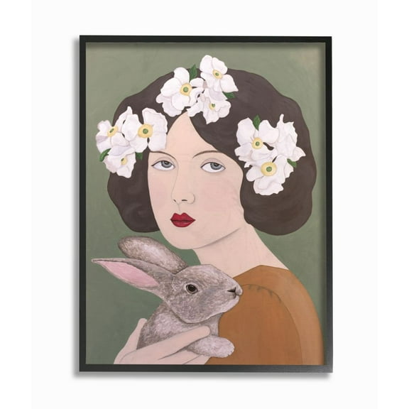 Stupell Industries Woman And Rabbit White Flower Animal Painting Black Framed Art Print Wall Art, 16x20, by Sally B