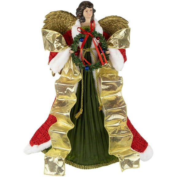 Northlight 18" Red and Green Angel with Wreath Christmas Tree Topper, Unlit