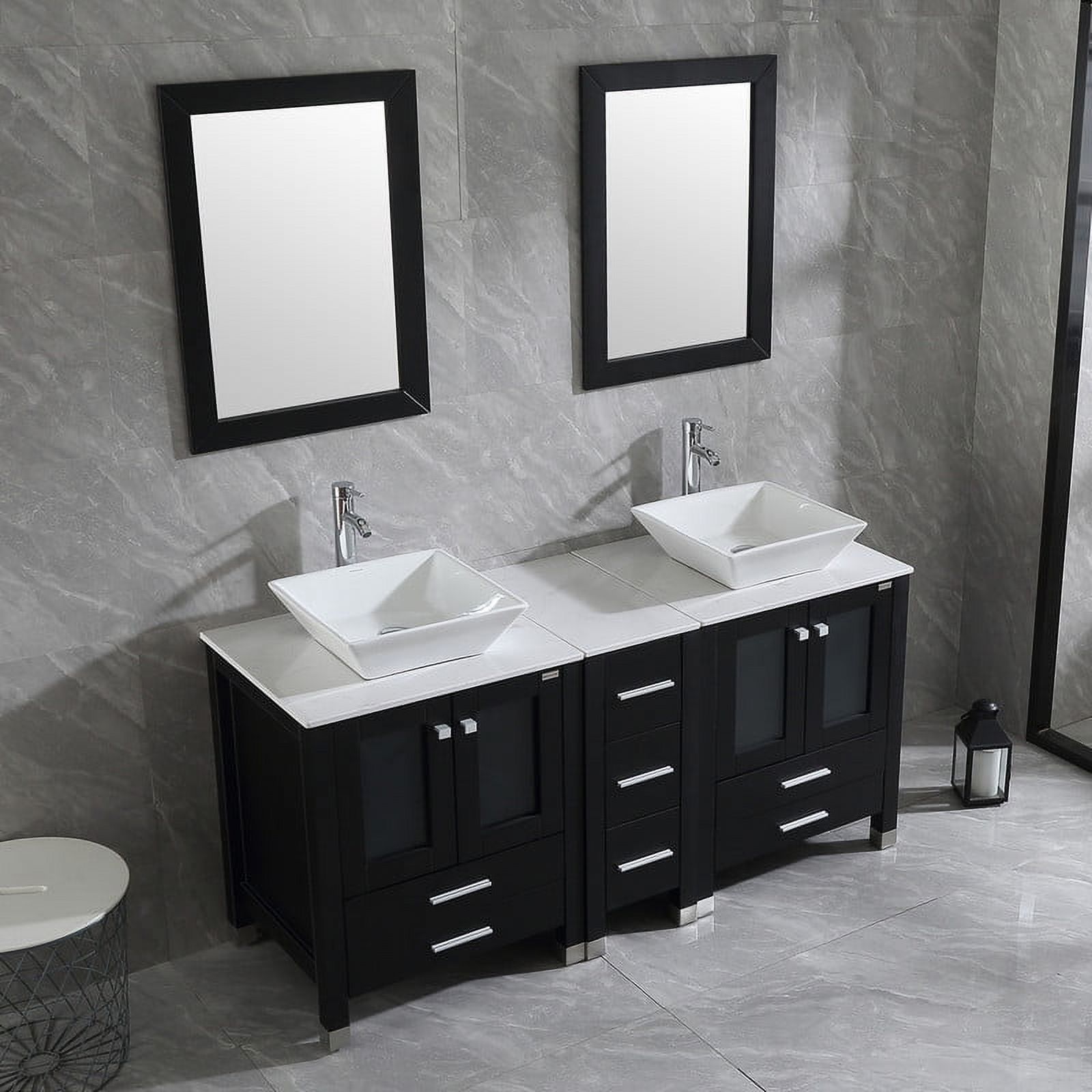 Walsport Bathroom Vanity,60" Stand Pedestal Bathroom Cabinet Top Square Ceramic Vessel Sink Faucet Drain Combo with Mirror Vanities Set,Black