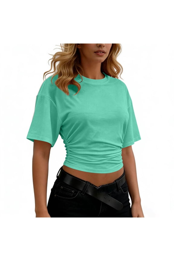 Women's Fashion Solid Color Crew Neck Short Sleeve Crop Top with Side Ruched for Weekend Brunch and Street Style