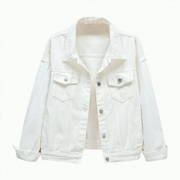 Splozh Long Coat for Women Sherpa Lined Women's Bride Casual Jean Jacket Distressed Ripped Denim Jacket Coat with Pockets Women Trendy Denim Jacket Basic Lapel Button Down Cropped Coat White,3XL