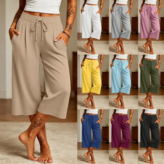 Bxsruta Women' s Active Drawstring Waist Knit Wide-Leg Capri Athleisure Workout Pants