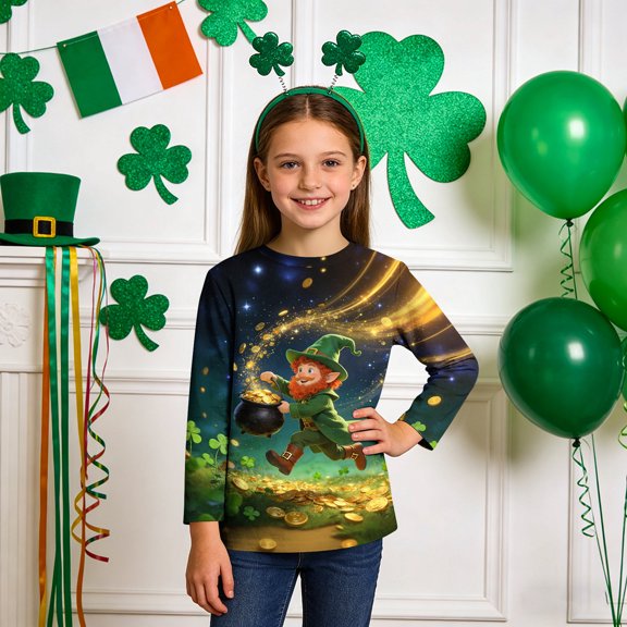 BaoFuBaoMei Funny Graphic Tees Boys Girls St Patricks Day Gnome Long Sleeve Pullover Shirt Slim Crew Neck Fall Clothing for Irish Festival Themed Party