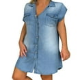 thumbnail image 1 of PENGXIANG Robe en Jean à Manches Courtes d'Été pour Femmes, Col à Revers, Boutons, 1 of 6
