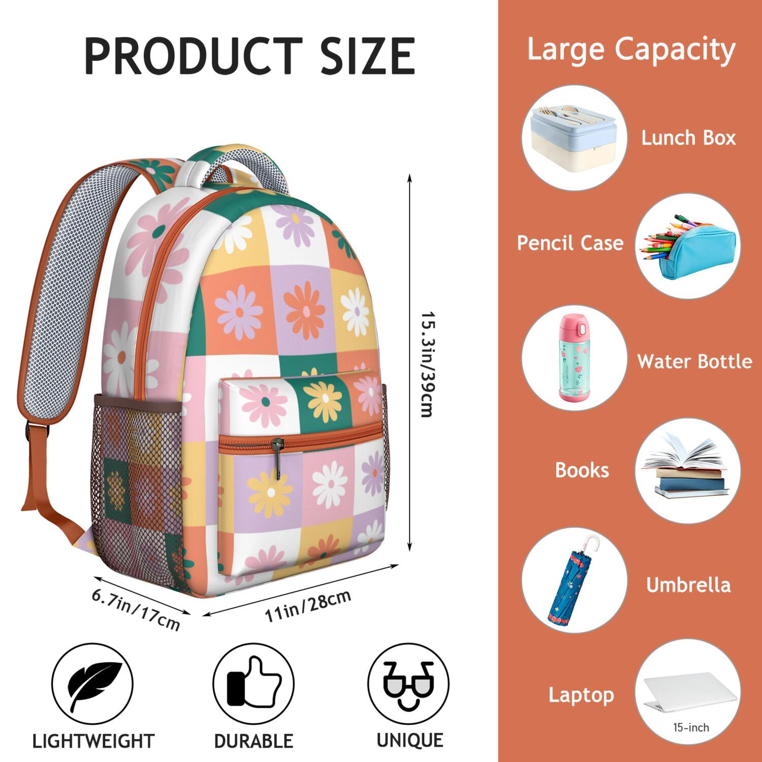 Retro Daisy Graphic School Backpack - Waterproof Exterior & Spacious Organized Storage