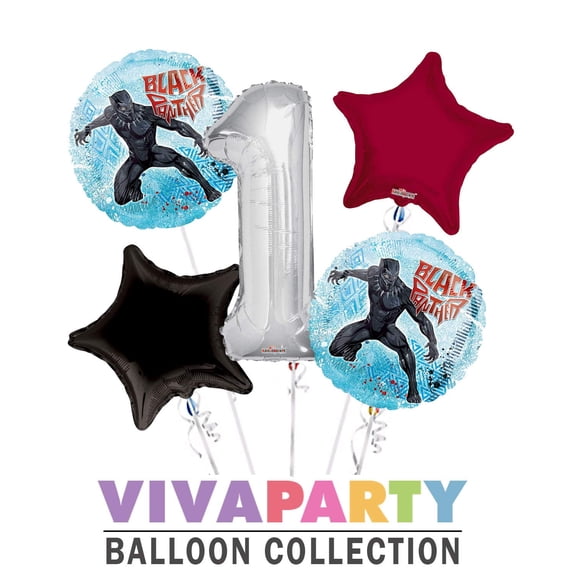 Black Panther Round Balloon Bouquet 5 pc, 1st Birthday, Silver Number 1 Jumbo Balloon | Viva Party Balloon Collection