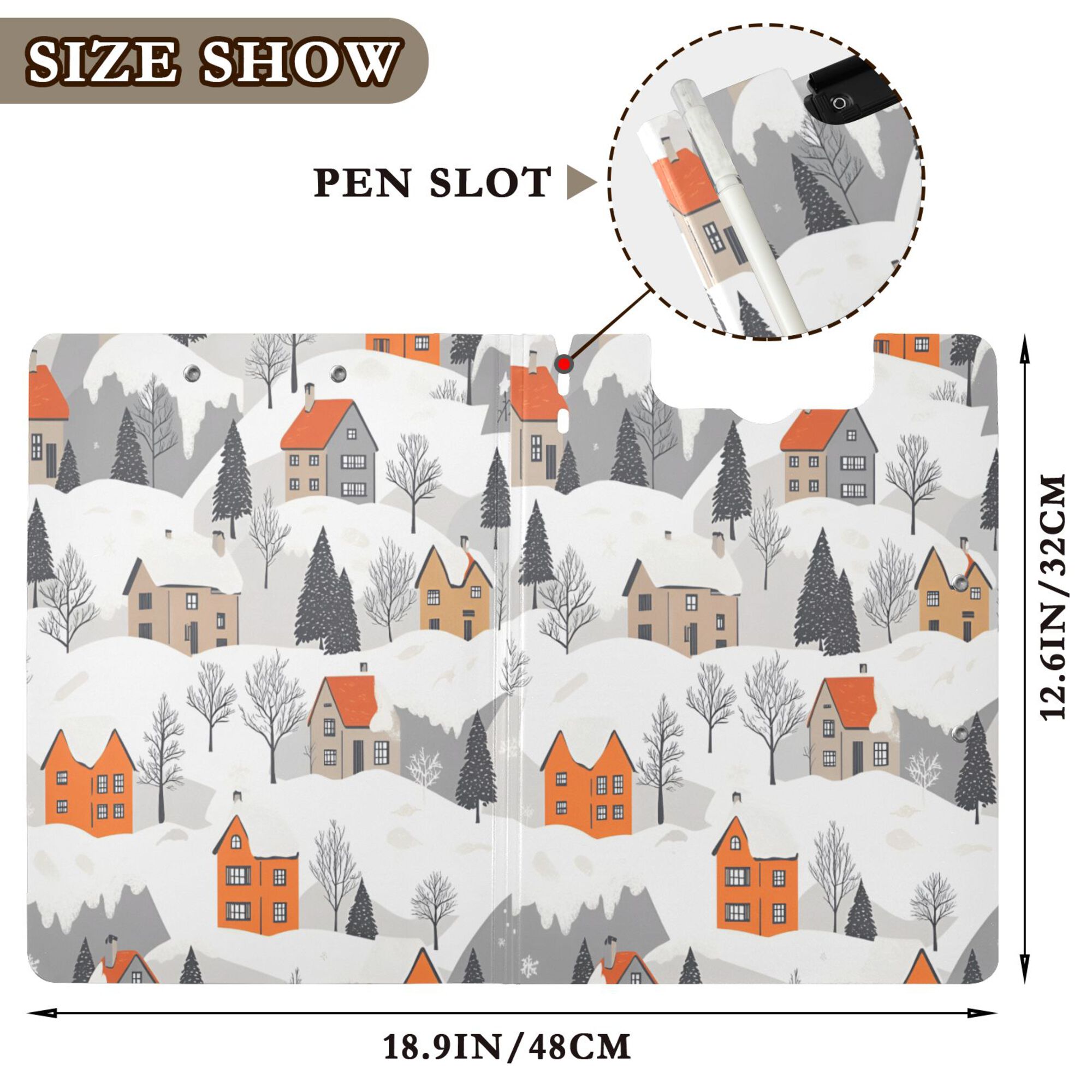 FORMRS A4 Clipboard Folder with Pen Holder Horizontal Foldable School Office Binder, Beige Snow Houses