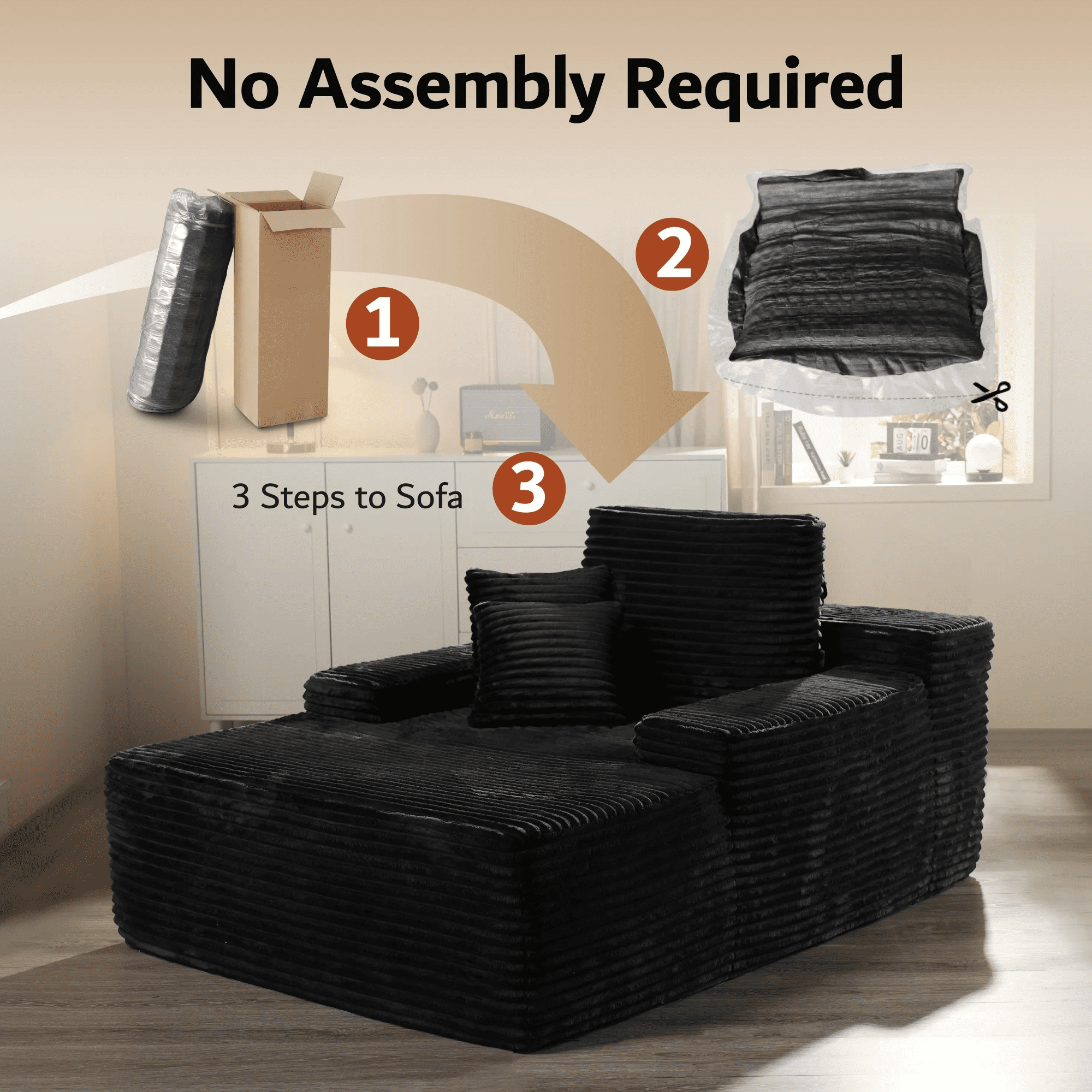 Vcatnet 67"x48" Chaise Lounge Chair Indoor Oversized Lounge Couch Upholstered Corduroy Sofa Bed for Living Room and Bedroom, Black
