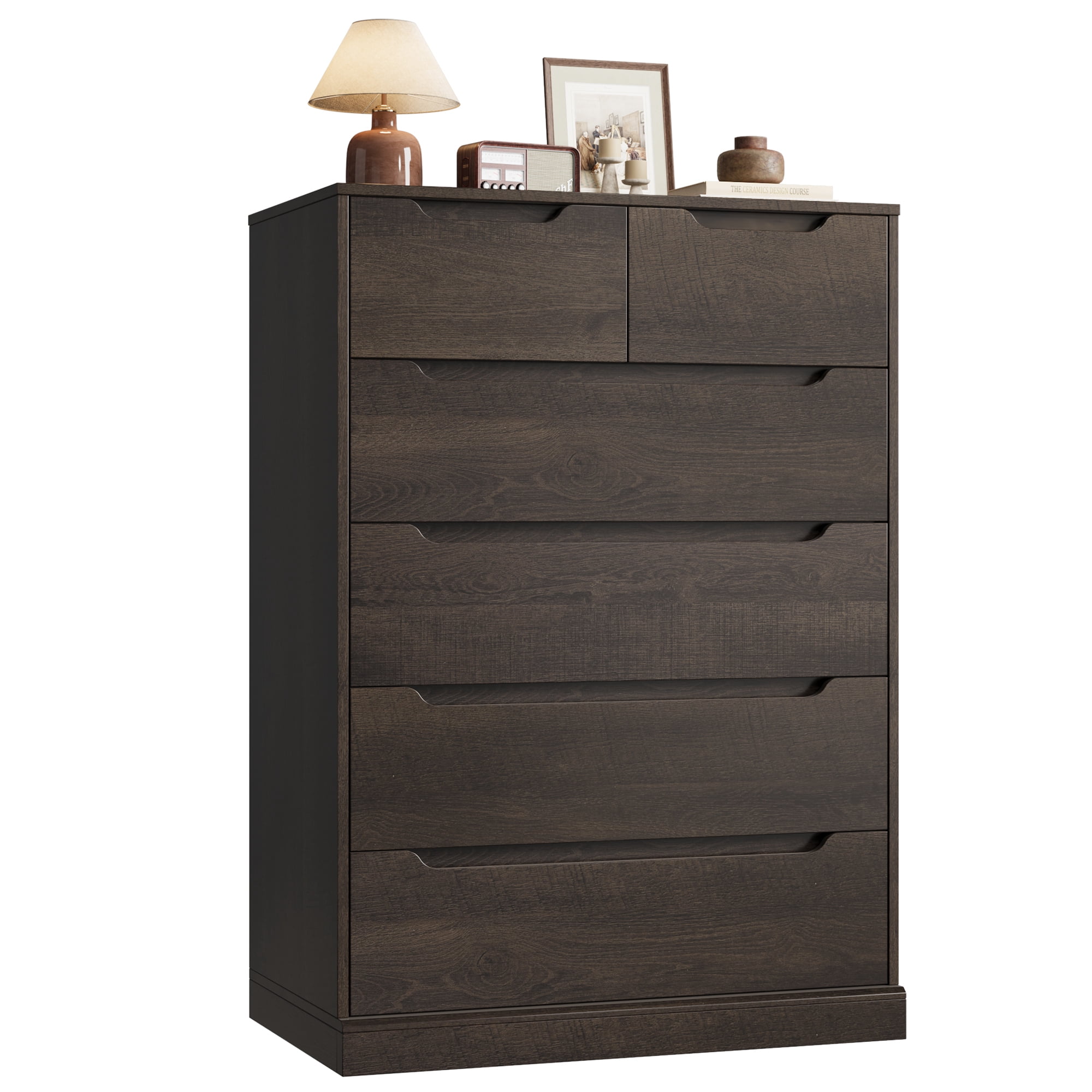 Homfa 6 Drawer Tall Dresser, 43.3" H Wood Storage Cabinet with Upgraded Stable Base Vertical Chest for Bedroom Living Room, Dark Brown