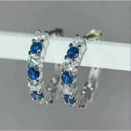 2 Ct Round Cut Cubic Zirconia Sapphire Huggie Hoop Earrings, 14K White Gold Plated Sterling Silver