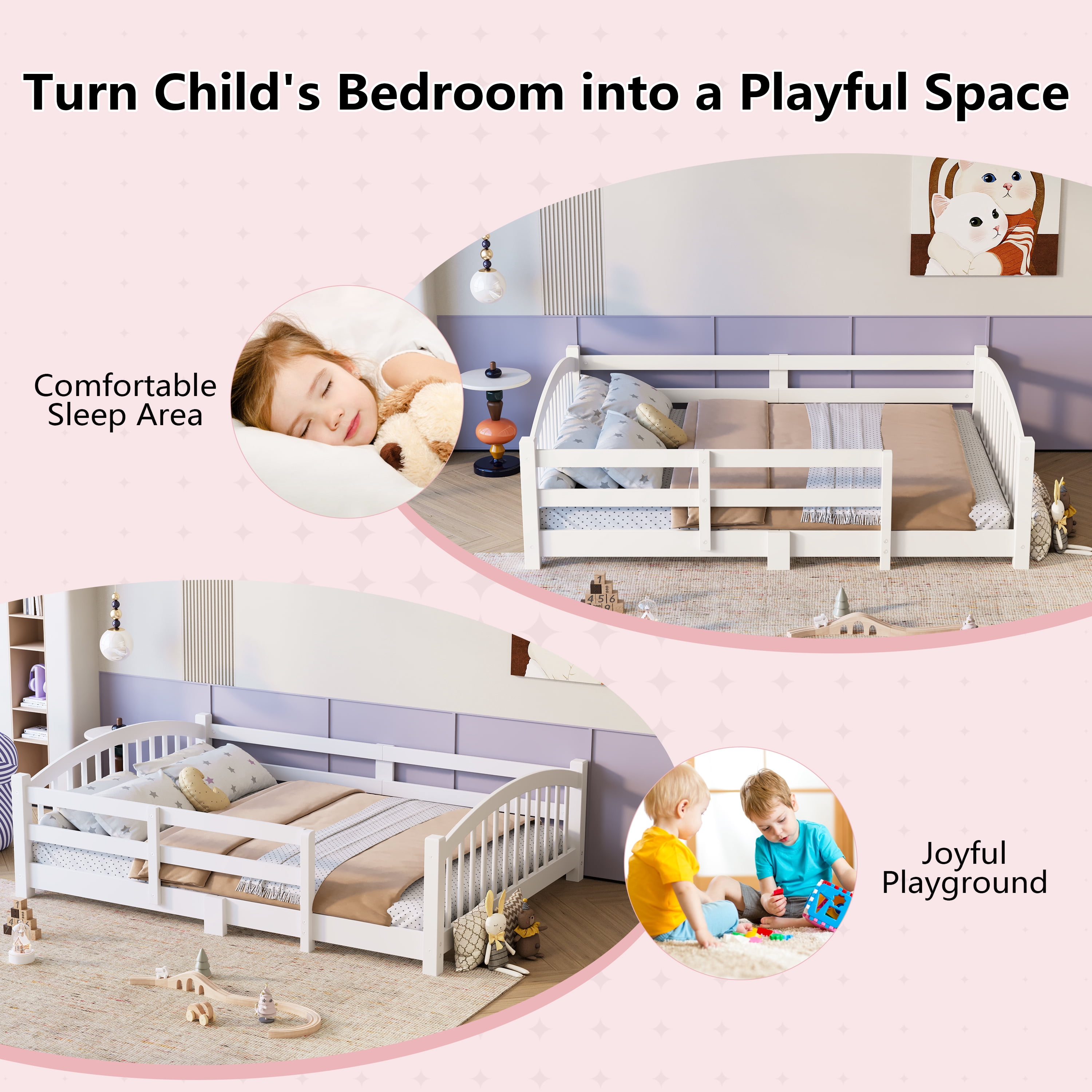 Harper & Bright Designs Twin Montessori Floor Bed with Safety Guardrails, Solid Wood Floor Bed with Fence for Girls and Boys Bedroom, White