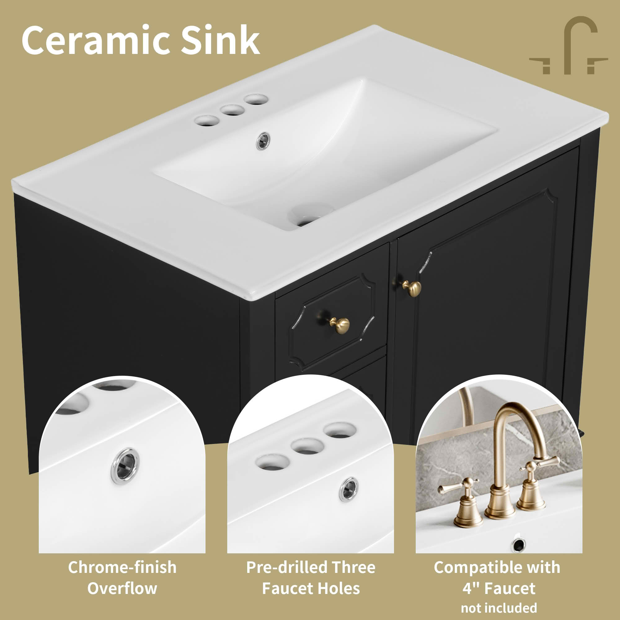 MAYEERTY 30" Bathroom Vanity with Sink, Freestanding Cabinet Ceramic Basin Solid Wood Frame Soft-Close Door 3 Drawers Painted MDF Rubber Wood, Storage Shelves Included, Black