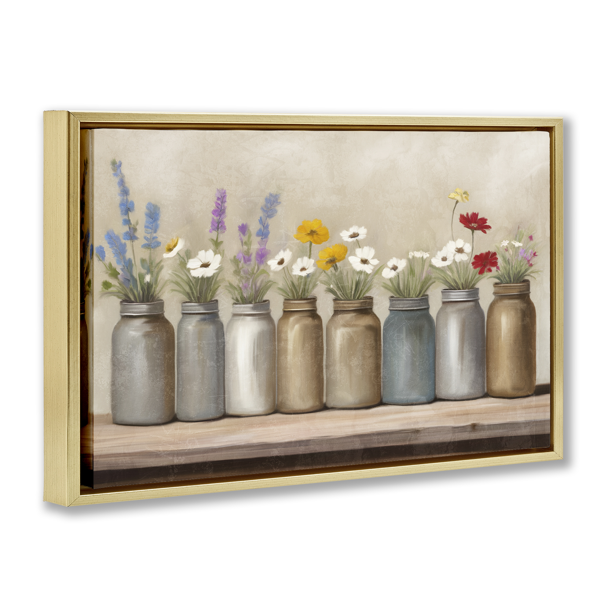 Stupell Industries Jars with Wildflowers Plants & Flowers Painting Gold Floater Framed Canvas Art Print Wall Art, 25 x 17