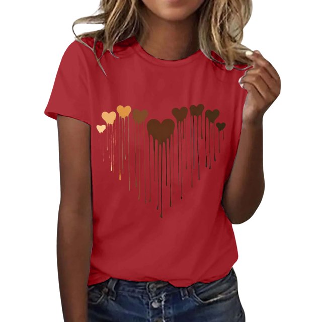 Pavied T-Shirts pour Femmes T-Shirts Graphiques Chandails en Molleton de la Saint-Valentin pour Femmes Imprimé Cœur Col Rond Manches Longues Hauts Décontractés Mignons Chemises de la Saint-Valentin en Coton Hauts d'Été Rouge L