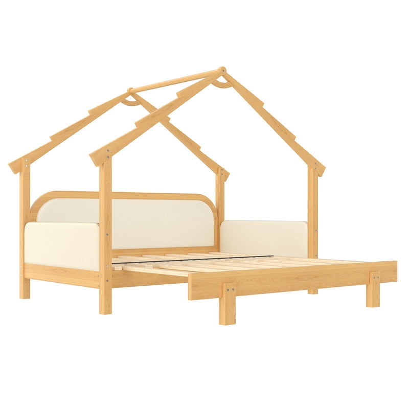 Bellemave Extendable Montessori House Bed, Wood Twin to King Daybed with Soft Cushion Rails, Double Twin Beds with Roof-Shaped, No Box Spring Needed (Natural+Beige)