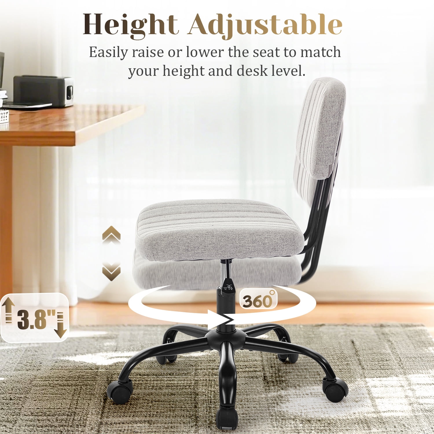Armless Home Office Desk Chair w/ Ergonomic Low Back Lumbar Support, Height Adjustable 360° Swivel Task Chair for Small Space, Living Room, Linen Gray
