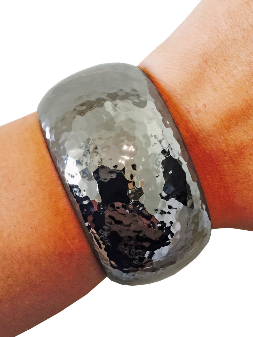 Wide hammered shiny hematite hinge bangle bracelet to conceal and