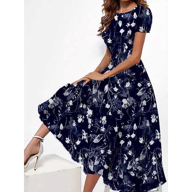 Blossoming Floral Print Dress - Comfortable Crew Neck, Stylish Short Sleeves