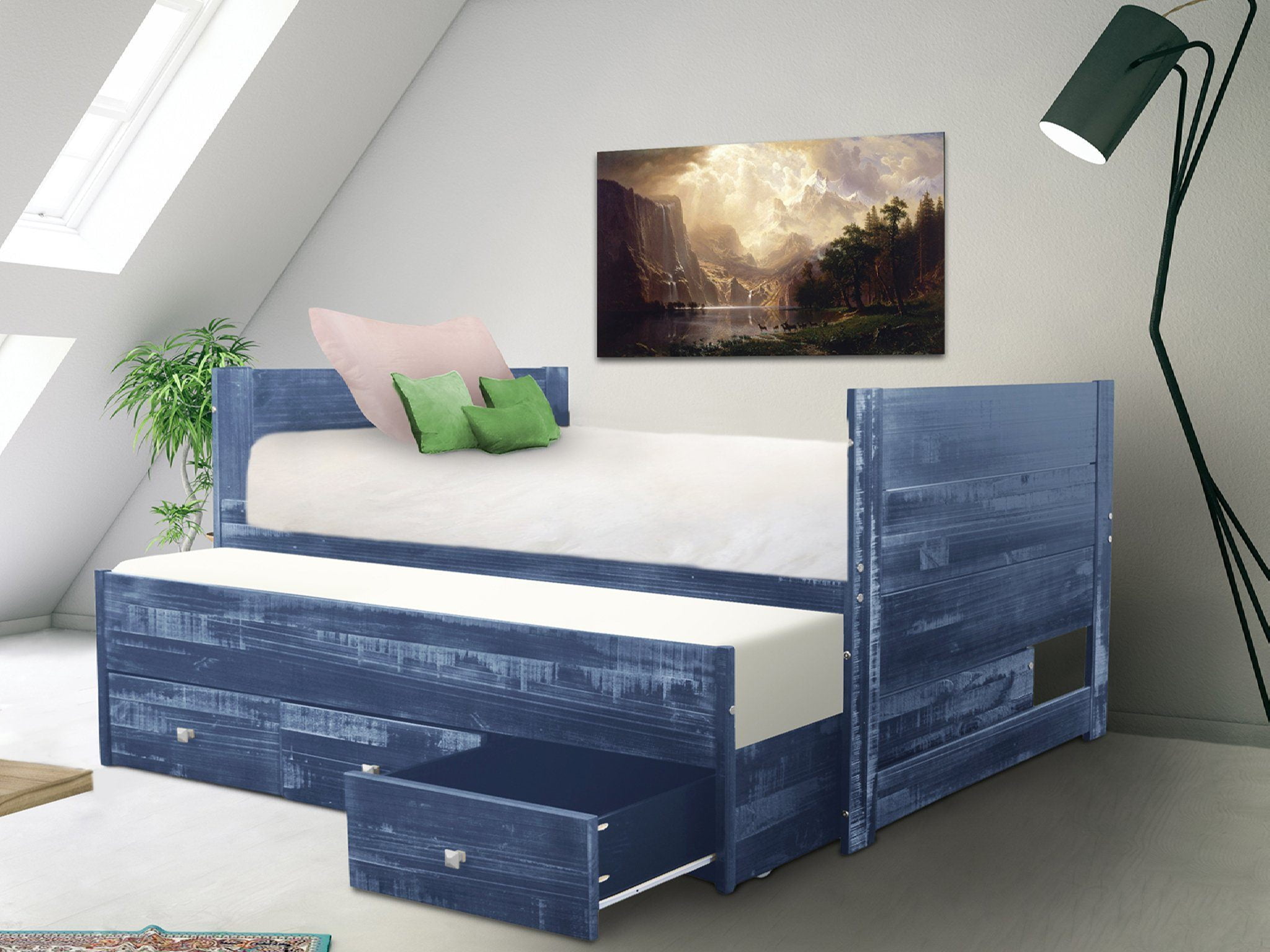 Bedz King All in One Twin Bed with Twin Trundle and 3 Built in Drawers Weathered Blue