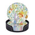 thumbnail image 1 of Posavasos de cuero de 6 piezas, verde para flores de iris, campanas, mariposas, acuarela, posavasos para bebidas, posavasos para tazas, regalo de inauguración de la casa, ideal para la decoración del, 1 of 7