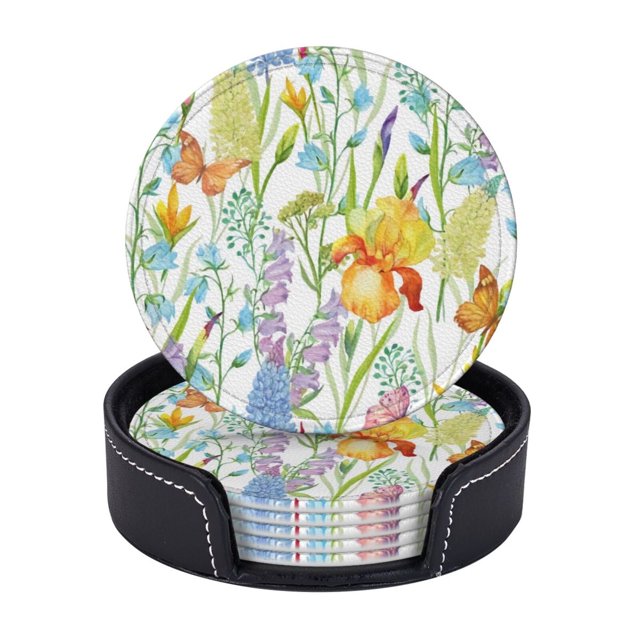 Posavasos de cuero de 6 piezas, verde para flores de iris, campanas, mariposas, acuarela, posavasos para bebidas, posavasos para tazas, regalo de inauguración de la casa, ideal para la decoración del