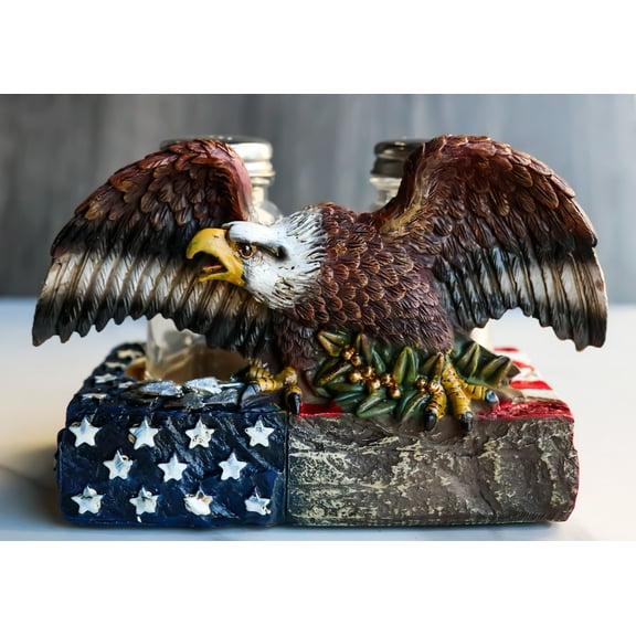 American Bald Eagle With Olive Branch On US Flag Salt & Pepper Shakers Holder