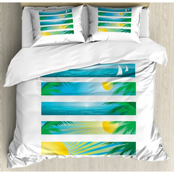 Beach King Size Duvet Cover Set, Banner Style Horizontal Stripes with Exotic Elements Tropical Trees Cartoon, Decorative 3 Piece Bedding Set with 2 Pillow Shams, Blue Yellow Green, by Ambesonne