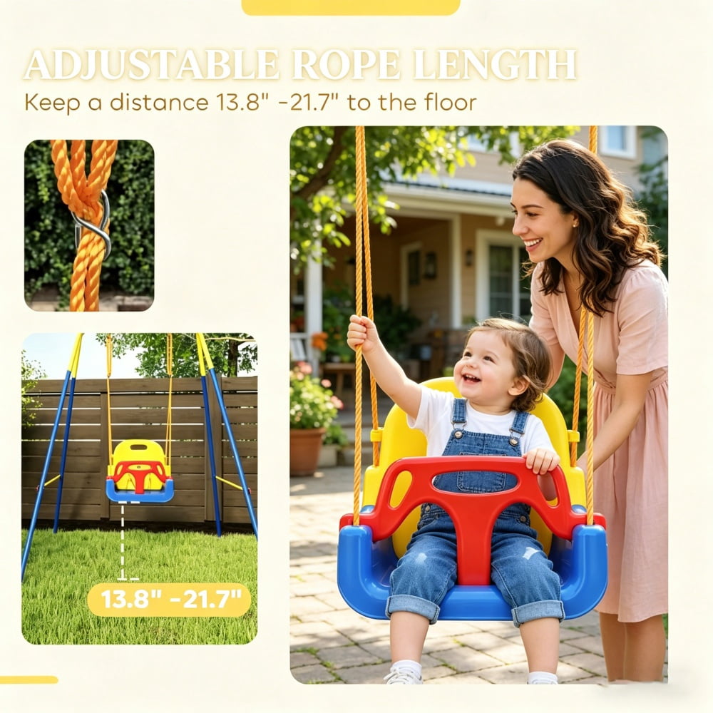 3-in-1 Kids Swing, Adjustable Height A-Frame Swing Set, Foldable Metal Swing with Safety Belt for 9 Months-8 Years, Indoor Outdoor Garden Patio