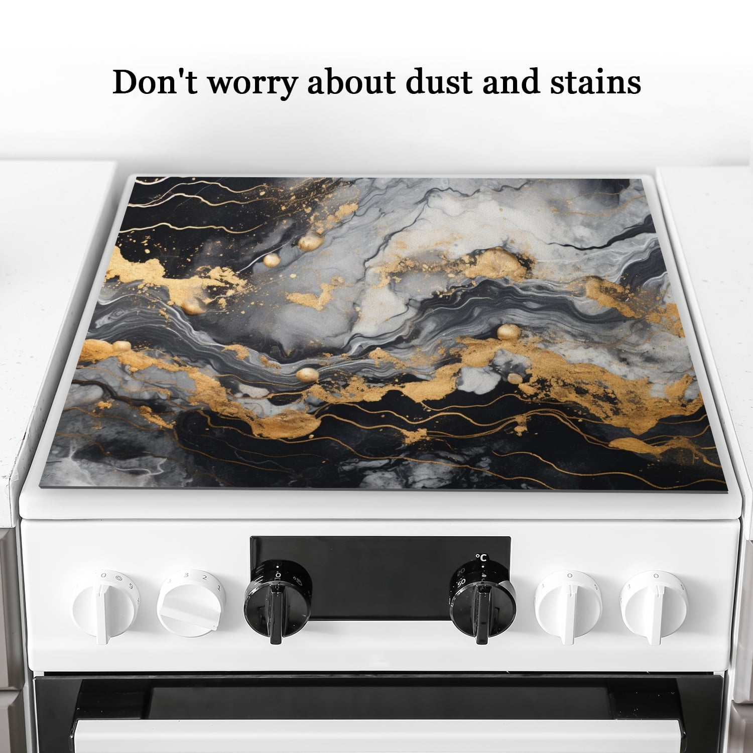 Square Cooktop Covers for Electric Glass Top, Black and Gold Marble Print Foldable Glass Top Stove Cover Protector, Foldable Decoration Mat for Kitchen RV (28×20 Inch)