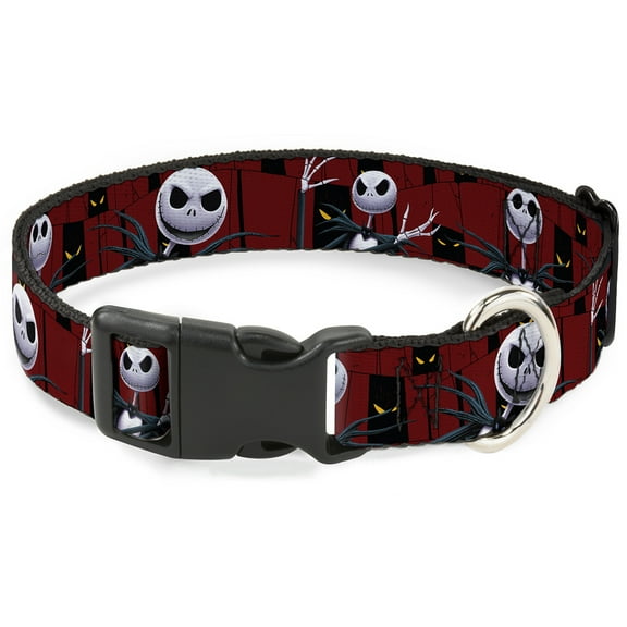 Disney Pet Collar, Dog Collar Plastic Buckle, Nightmare Before Christmas Jack Poses Peeping Eyes Burgundy, 7 to 8.5 Inches 0.5 Inch Wide