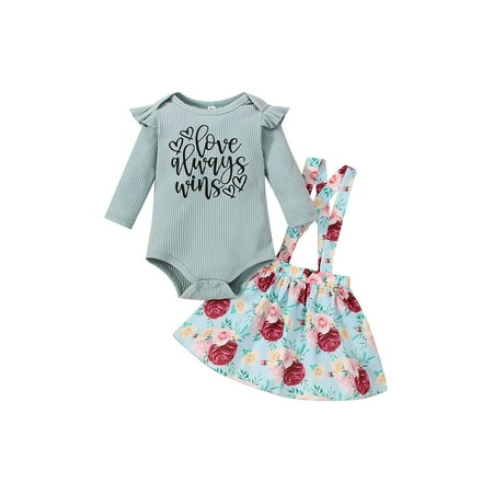 

Seyurigaoka 2Pcs Baby Girl Lovely Suits Long Sleeve Knit Rib Bodysuit + Flower Suspender Skirt