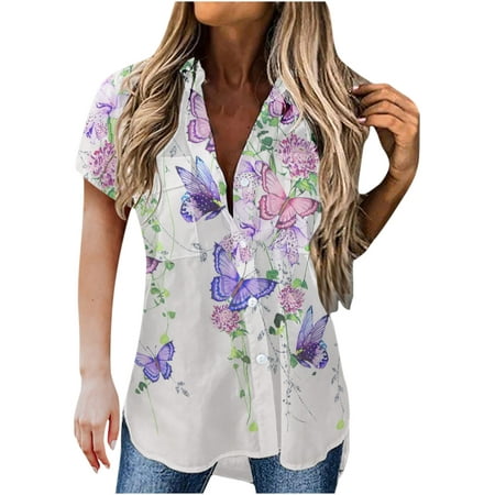 Summer T-Shirts Tunic Tops for Women Pocket 2022 Dressy Casual Button Down Short Sleeve High Low Flowy Tunic Tops Shirts Blouse