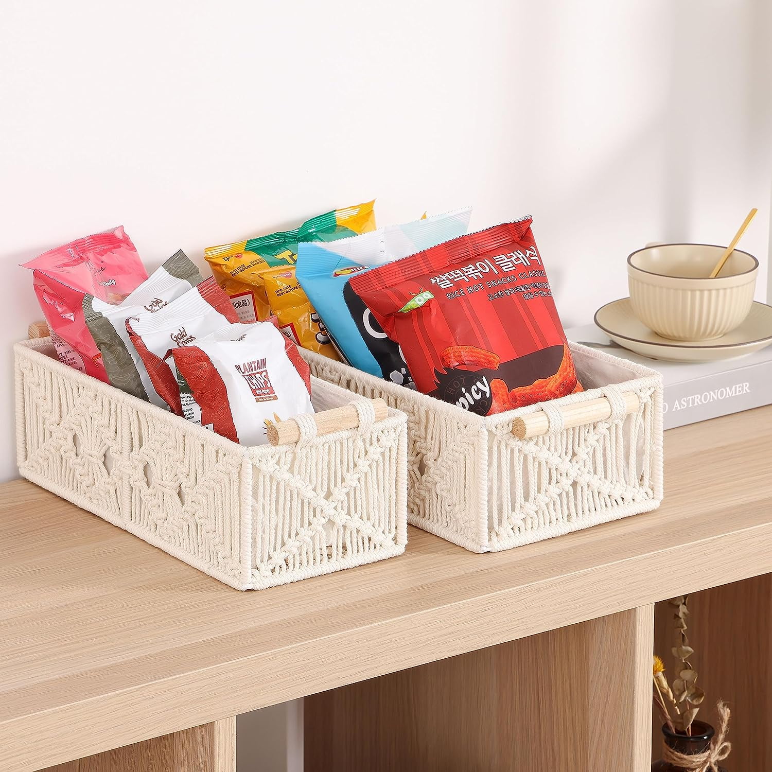 Kvago Macrame Storage Basket Boho Decor Bathroom Baskets for Organizing, Toilet Tank Basket for Bathroom Woven Decor Basket with Handle Bedroom Nursery Living Room Entryway (Beige)