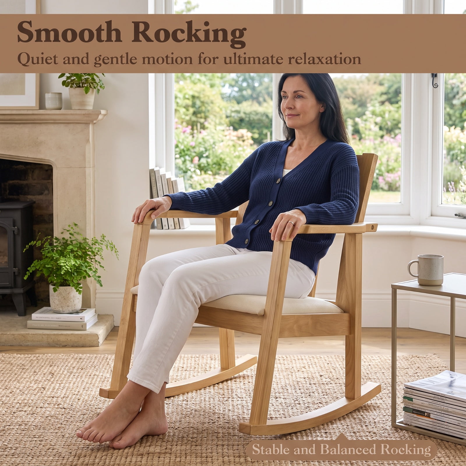 Biotree Wooden Rocking Chair with Upholstered Seat and Ladder Back for Living Room, Natural