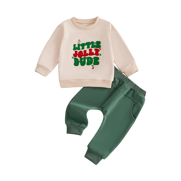 Baby Toddler Boys Christmas Pants Clothing Set, 0 6 12 18 24 Months 2T 3T Long Sleeve Crew Neck Embroidery Letters Sweatshirt with Elastic Waist Sweatpants Christmas Outfits