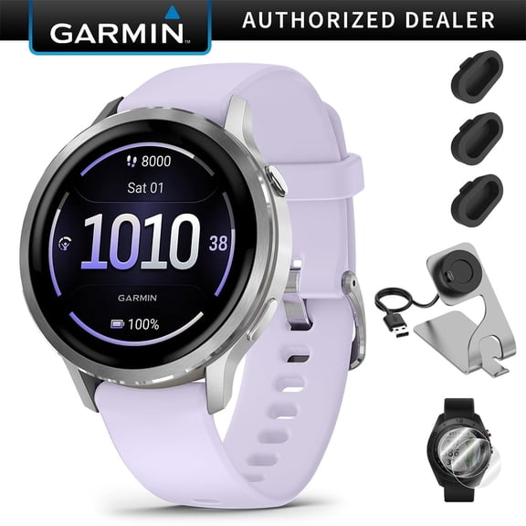 Garmin Venu 4 (41mm) GPS Smartwatch Silver with Periwinkle Silicone Band Bundle w/ Deco Essentials Charging Dock, 3-Pack Dust Covers & 2-Pack 1.2" Screen Protectors
