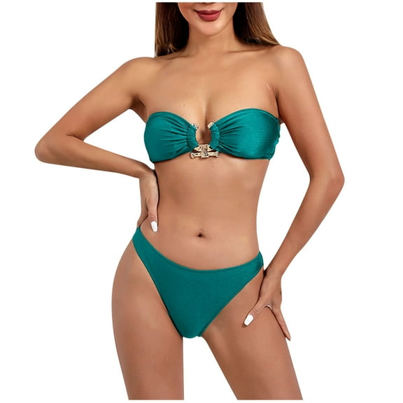 Bigersell Bandeau Swimsuits for Women Strapless Off Shoulder Two Piece Bikini Sets Push up Metal Ring High Cut Vacation Swimsuits Swimwear 2 Piece Bathing Suit Blue M