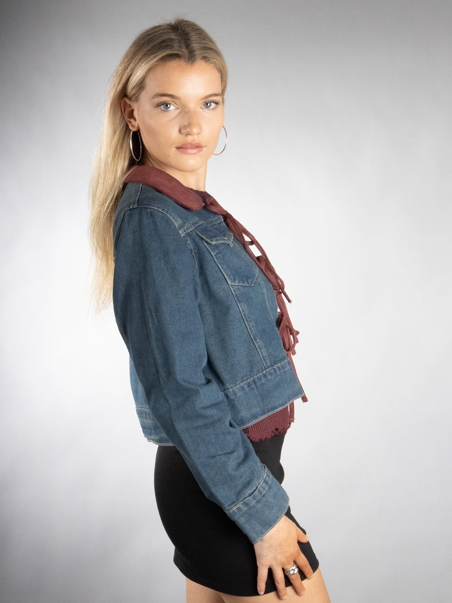 DARING DIVA Women's Stylish Triple Tie Denim Jacket M Green Wash Burgundy