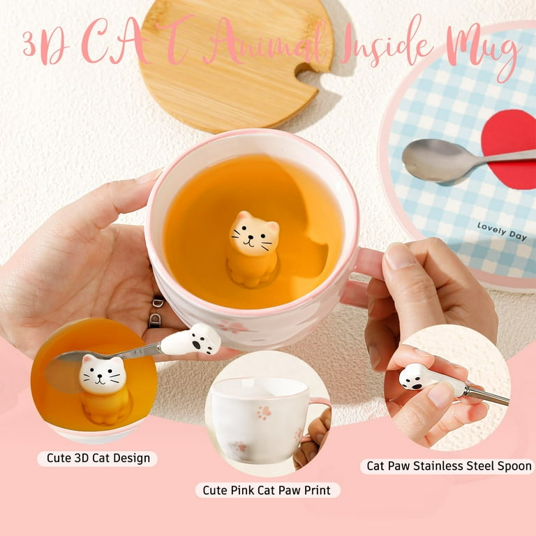 Kawaii Cat Mug with 3D Kitty Inside Cute Mugs Ceramic Tea Cup Coffee Mug  Gifts for Women Girlfriend Kids White Gifts (13oz)