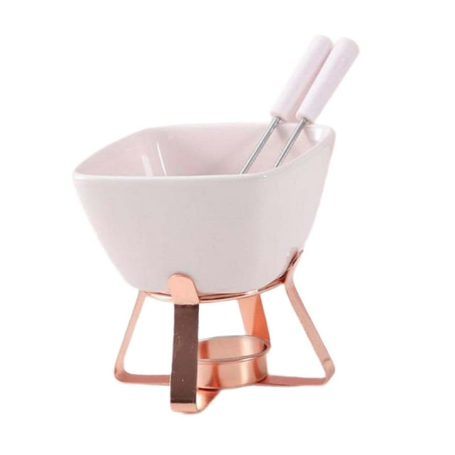Chocolate Fondue Pot Calentador para Fondue de Chocolate Olla de Cerámica Fondue de Queso Mini Recipiente con Tenedores Adecuado para Postres Fiestas Restaurantes Estante rosa dorado