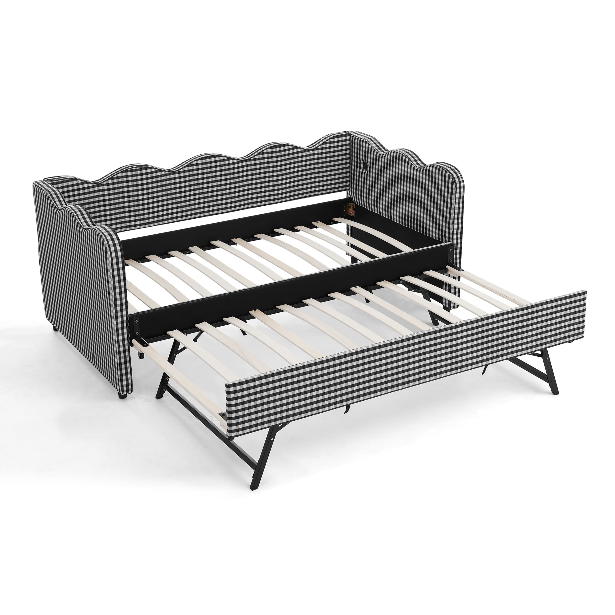 GARITIN Twin Size Daybed with Trundle, Gingham Sofa Bed with USB Port and Wavy Shape Headboard for Kids Room, Black