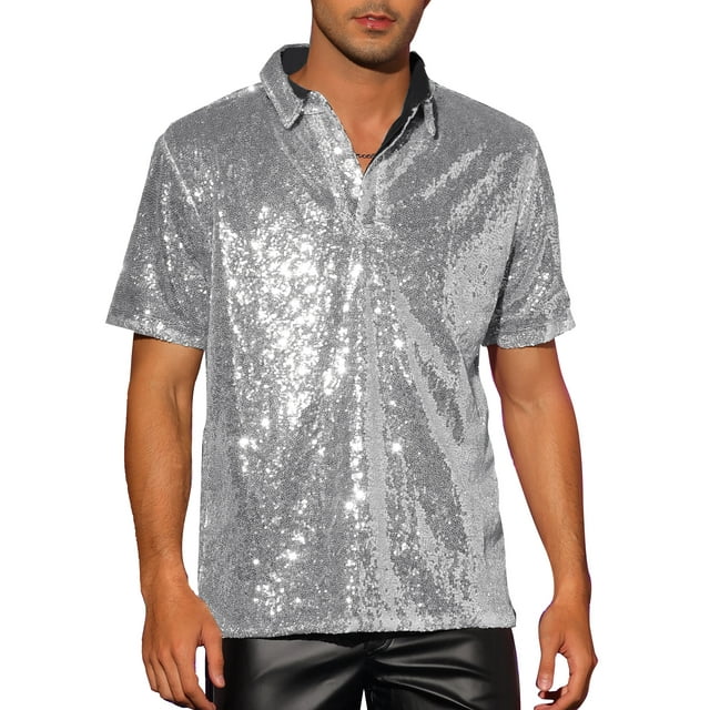 INSPIRE CHIC Camisa Polo de Lentejuelas para Hombre, Brillante, de Manga Corta, para Fiesta, Camisetas de Golf Brillantes, Color Plateado