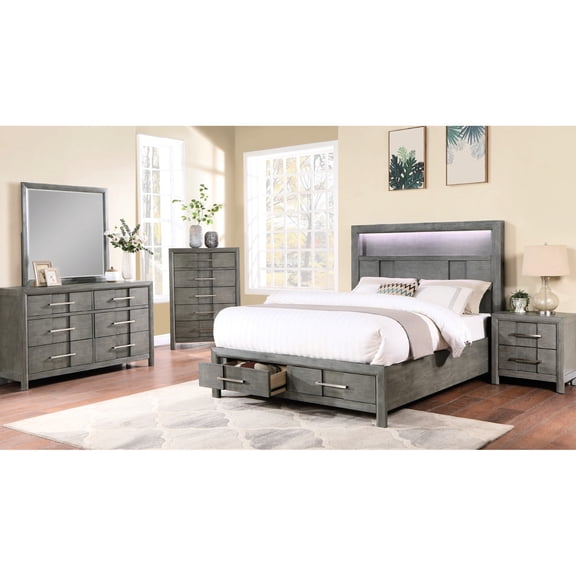 Queen 5 Piece Bedroom Set in Grey Wood with Storage and LED Lights for Bedroom Comfort