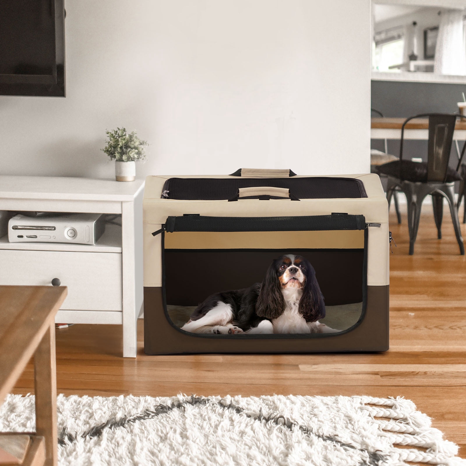 PETSFIT Collapsible Dog Crate, Portable Dog Crate - 30 Inch Easy Set-up, Light, Sturdy, Comfy Inside with Thicken Mat, Soft Sided Crate for Home and Travel Brown