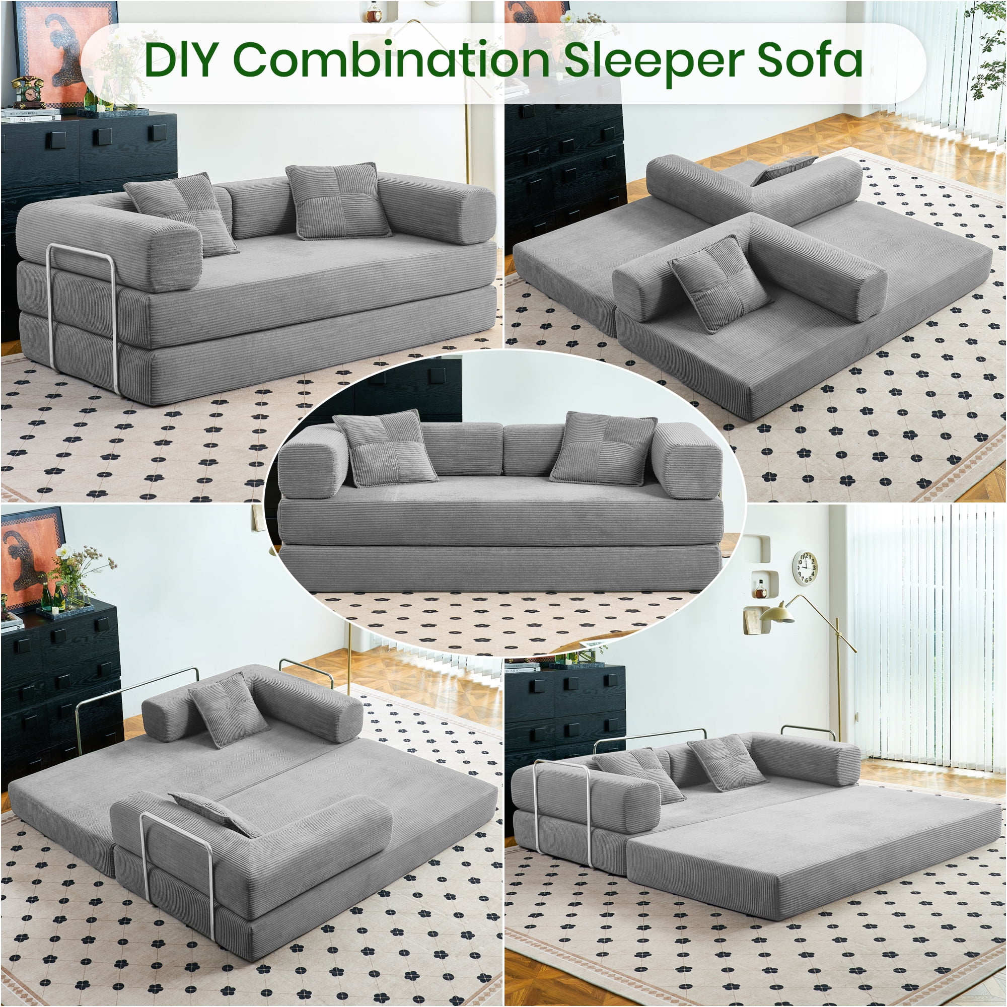 YINIX 81.6" King Size Convertible Sleeper Sofa Bed with 2 Pillows, Corduroy Folding Mattress Couch with Pull Out Bed, Removable Floor Sofa Lounge Couch for Living Room Small Spaces,Gray