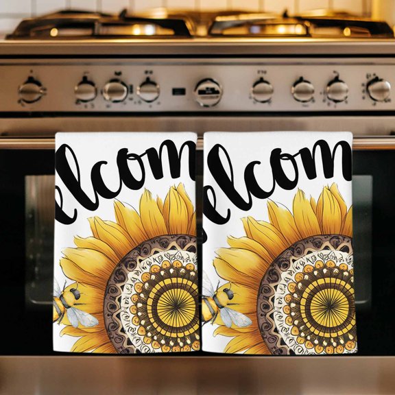 Welcome Kitchen Towels Set of 3, Summer Sunflowers Bohemia Floral Country Absorbent Dish Towels for Kitchen, Microfiber Hand Towel, Quick Drying Tea Towel for Cleaning Decorative Dishcloths