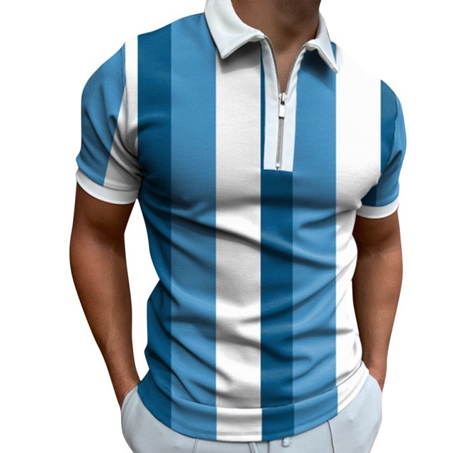 Chemise à Col Zippé pour Hommes Tendance à Rayures Color Block Manches Courtes Pull Ajusté Vêtements de Golf